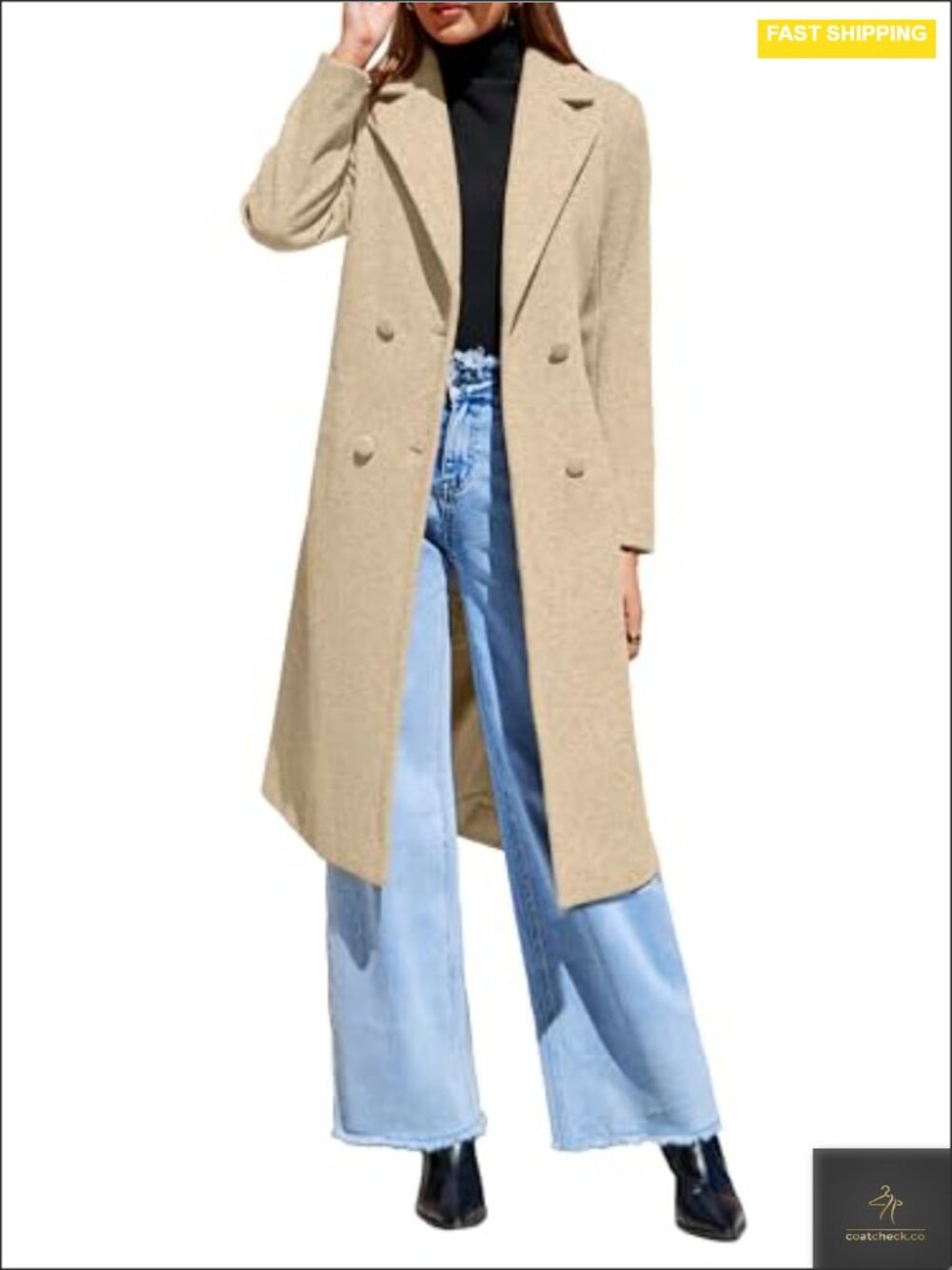 Women's Long Wool Pea Coat with Belt Double Breasted Winter Trench Overcoat